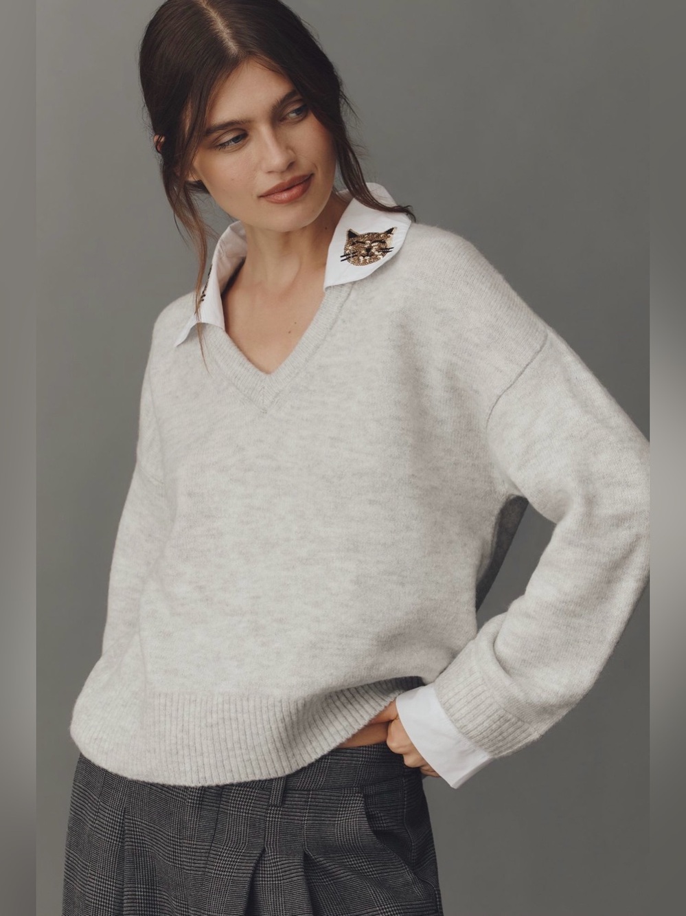 NWOT ANTHROPOLOGIE MAEVE Embroidered V-Neck Sweater CATS Grey L - Picture 2 of 15